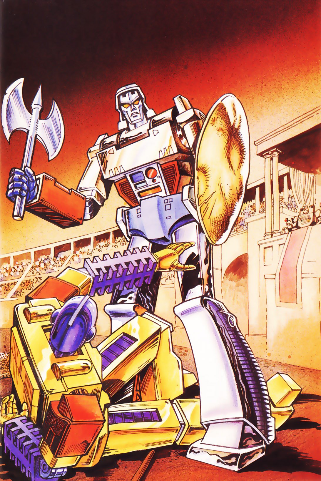 Megatron standing over Sunstreaker with his energy axe
